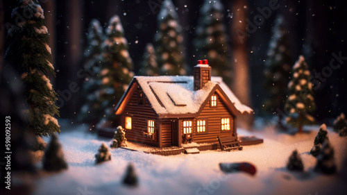 cozy house in the woods with a warm fire burning in the fireplace, surrounded by snow-covered trees, ai
