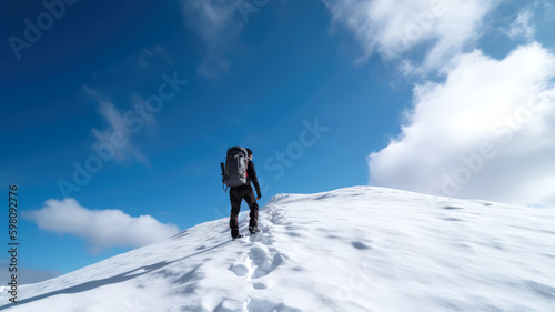 person hiking on a snowy mountain, ai