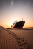 A photograph of a cargo ship docked in a barren desert landscape, ai