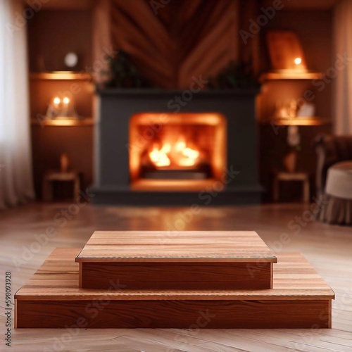 wooden podium in a cozy living room with a fireplace