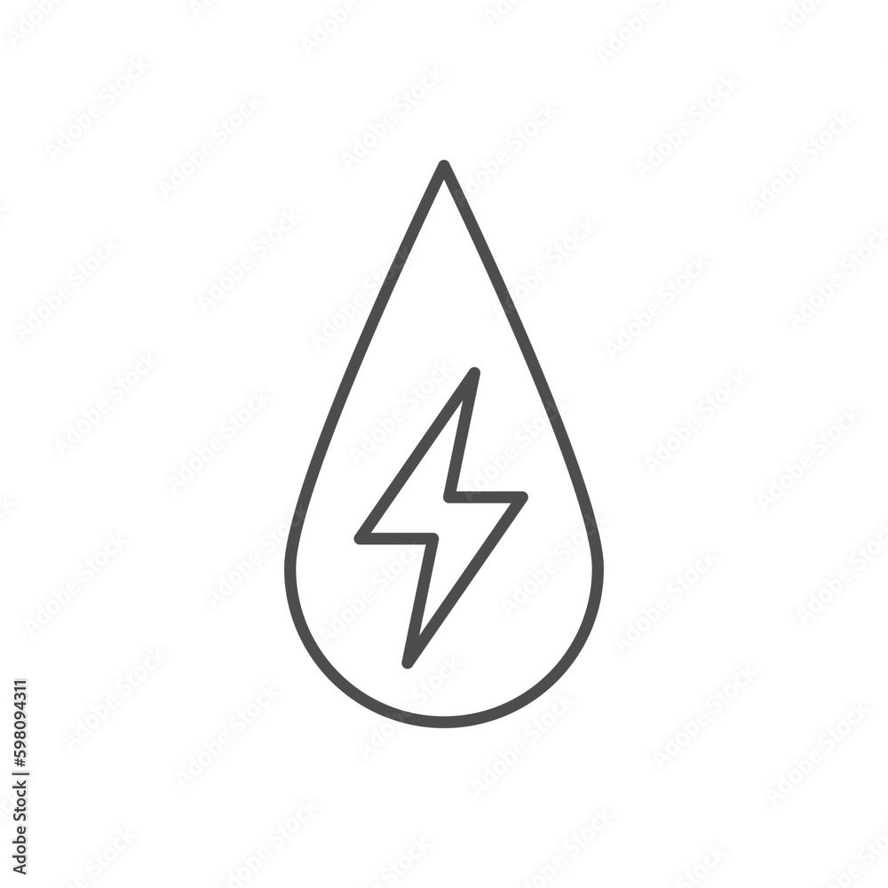 Water energy related vector linear icon. Water drop with lightning inside. Hydro power. Vector outline illustration Isolated on white background. Editable stroke Water energy related vector linear icon. Water drop with lightning inside. Hydro power. Vector outline illustration Isolated on white background. Editable stroke
