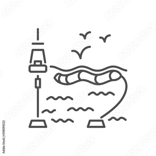 Wave energy related vector linear icon. Eco safe power plan. Electricity generation. Hydroelectric station. Vector outline illustration Isolated on white background. Editable stroke
