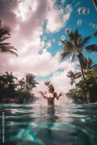 A photograph of a person swimming in a pool filled with cotton candy surrounded by palm trees, ai