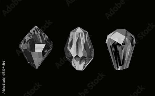 A collection of images of black diamonds of various geometric shapes and sizes.Glass shiny crystals with different shades reflecting light.Vector realistic set of glow gemstone or colorful ice.