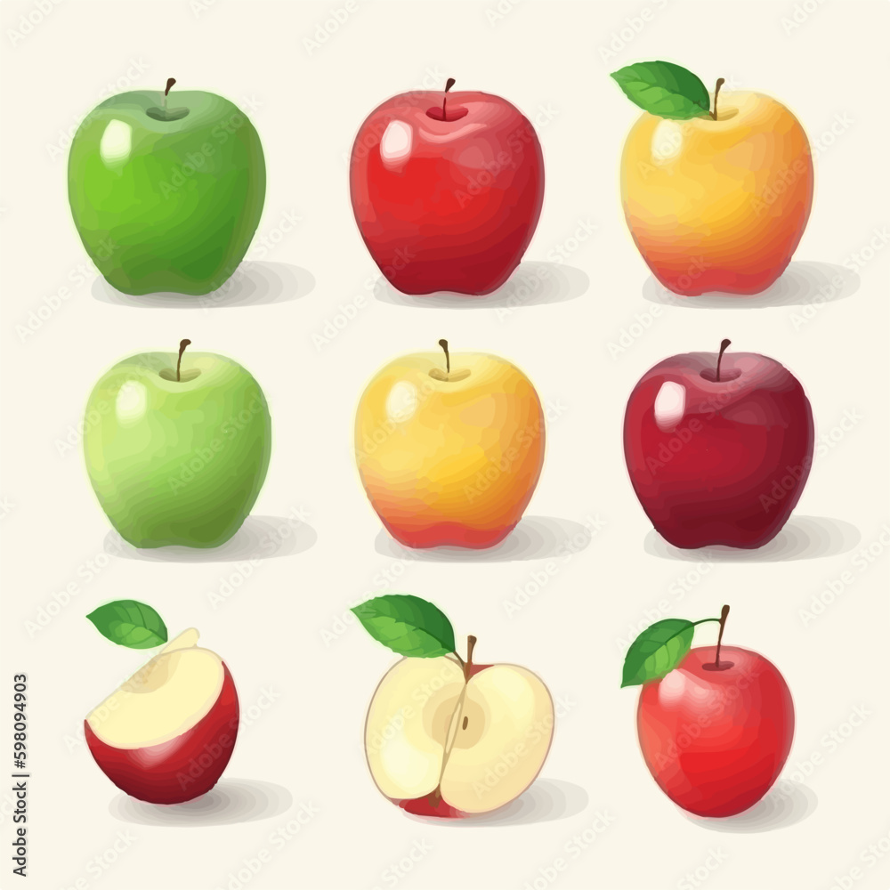 A set of green apples with a gradient and shadow effect A set of green apples with a gradient and shadow effect