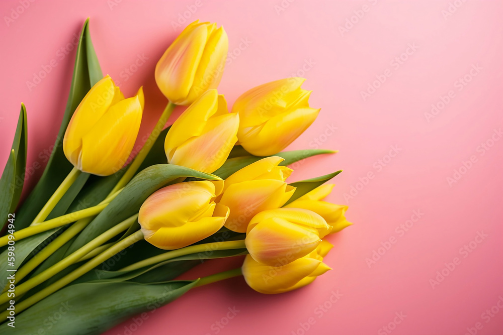bouquet of yellow tulips on pink background top view bouquet of yellow tulips on pink background top view