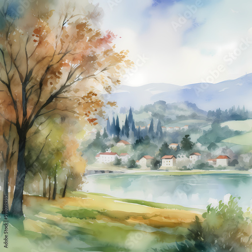 Village Hills and Lake Watercolor. Generative AI