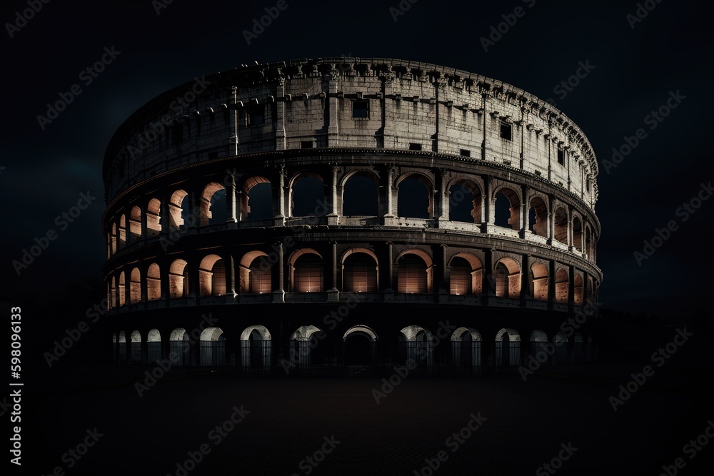 Colosseum at night, rome italy.  Minimalist photography. Generative AI.