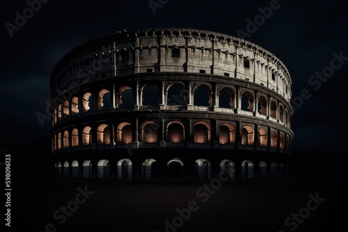 Colosseum at night, rome italy. Minimalist photography. Generative AI.