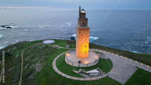 Aerial View Shot of Tower of Hercules (Torre de Hercules) lighthouse located in the city of La Coruna. Galicia, Spain