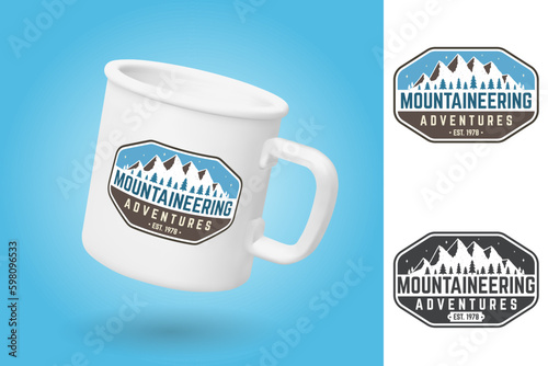 White camping cup. Realistic mug mockup template with sample design. Mountaineering adventure patch. Vector. Concept for alpine club shirt or badge, print, stamp or tee. Vintage design with mountain.