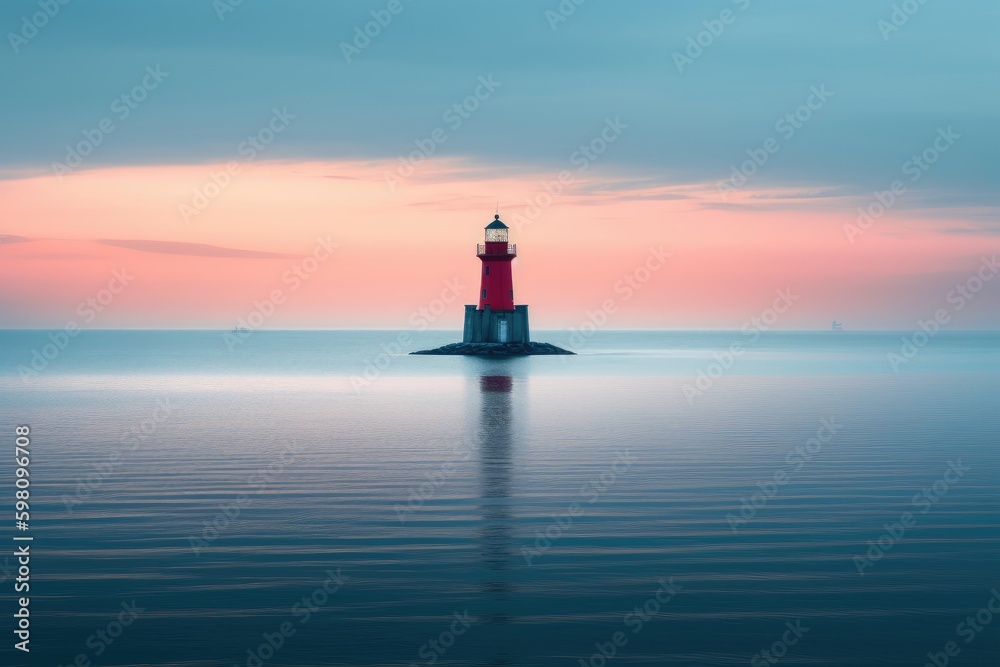 Lighthouse at sunset with pink gradient skies. Minimalist photography. Generative AI.