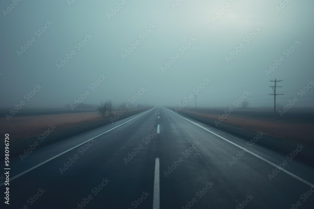 Road in fog, long paved road. Minimalist photography. Generative AI.