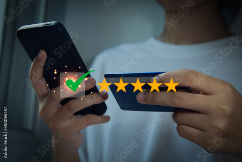 Customer impression concept. Best service rating, The highest satisfaction obtained by ticking a square. Display five-star high score.