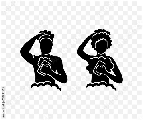 Man and woman African Americans bathe in the shower, silhouette and graphic design. Bathroom, hygiene, body care, hair care, shampoo, soap and gel, vector design and illustration