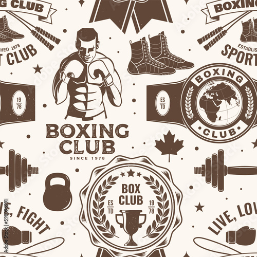 Boxing club seamless pattern. Vector. Background with Boxing sport club emblem, sign, patch. Concept for background or wallpaper with Boxer, gloves, boxing jump rope and shoes silhouette