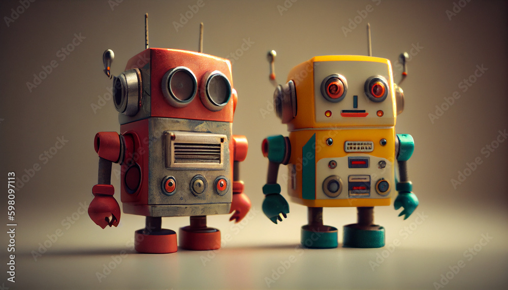 Fototapeta premium Retro toy robots model for kids and on studio lighting background Ai generated image