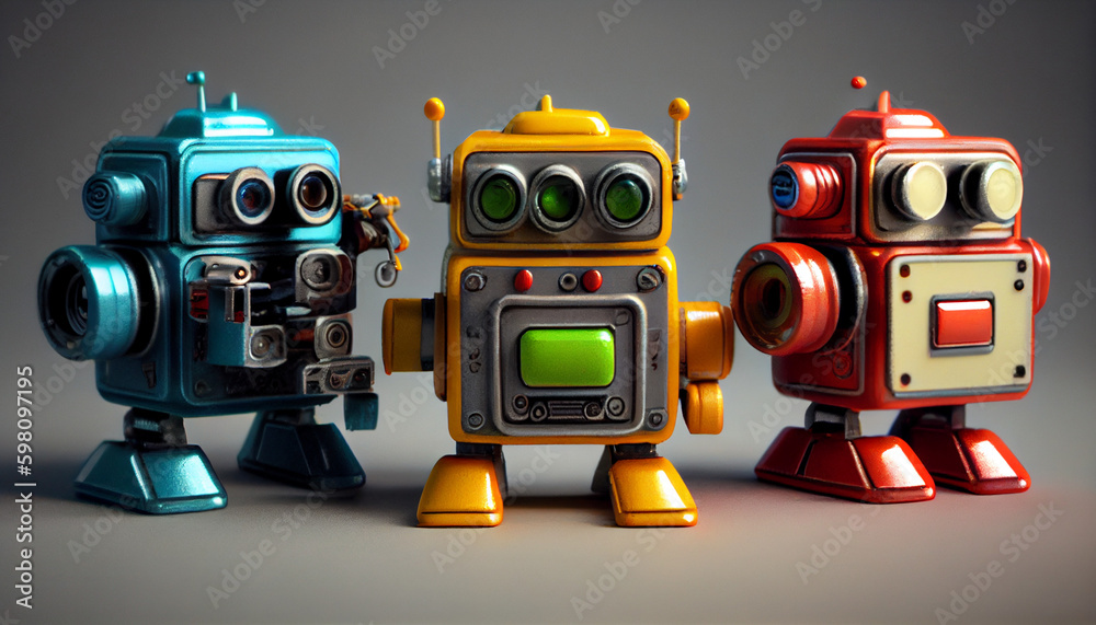 Fototapeta premium Retro toy robots model for kids and on studio lighting background Ai generated image