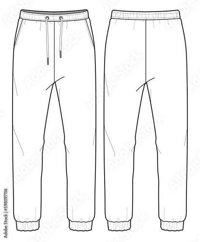 Tracksuit joggers waistband elastic with drawstring, hem elastic front and back view vector template. photo