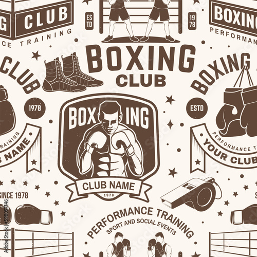 Boxing club seamless pattern. Vector. Background with Boxing sport club emblem, sign, patch. Concept for background or wallpaper with Boxer, gloves, boxing jump rope and shoes silhouette