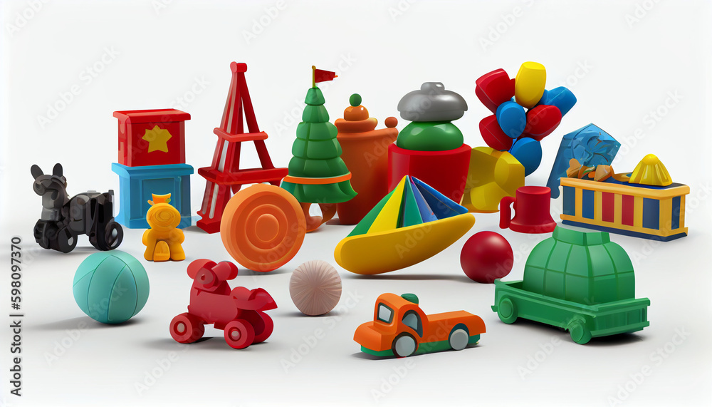 Fototapeta premium Toy collection for kids, Unique toys collections on solid white background Ai generated image