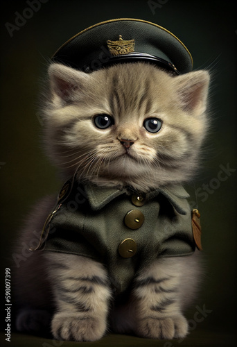 Kitten in military uniform. AI Generated