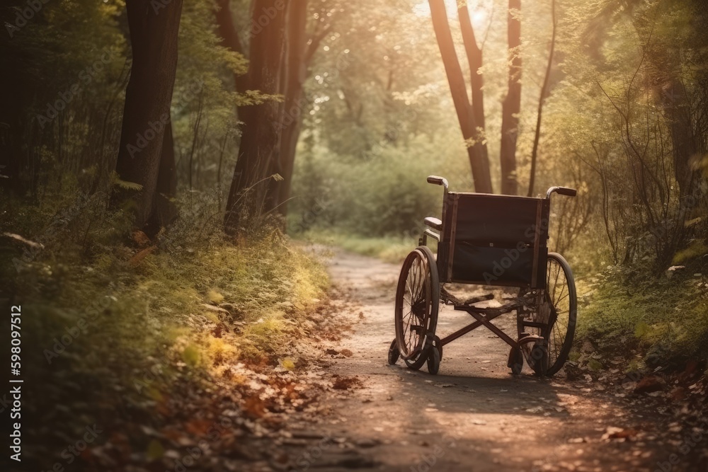 Disabled Patient Wheelchair In Forest Background Generative AI