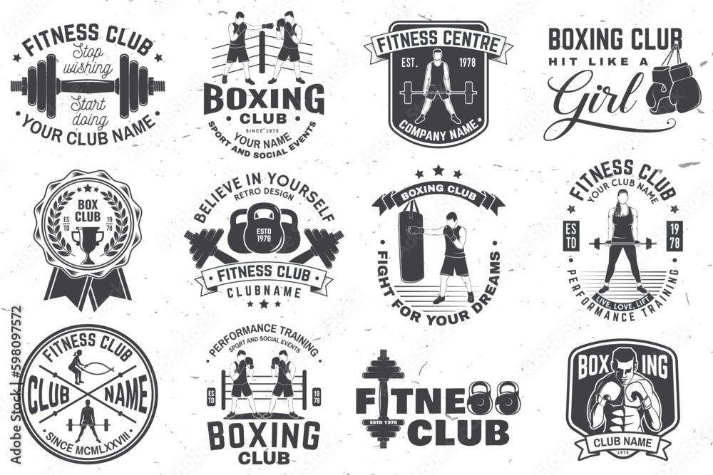 Set of Boxing and fitness club badge, logo design. Vector illustration. For sport club emblem, sign, patch, shirt, template. Girl with barbell, boxer, gloves, boxing jump rope and shoes Silhouette.