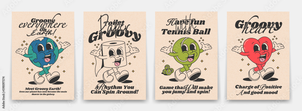 Collection of bright groovy posters 70s. Retro poster with funny cartoon walking characters, planet earth, toilet paper, tennis ball, heart, vintage prints, isolated - obrazy, fototapety, plakaty 