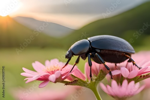 Dung beetle on pink leaf flower Generative AI