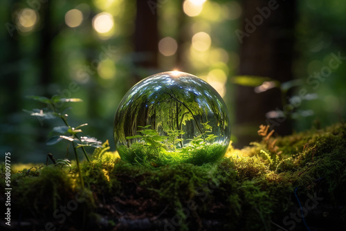 Glass ball in the forest, ecology, earth day, preservation of the forests concept. Generative ai Generative AI