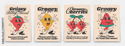 Collection of bright groovy posters 70s. Retro poster with funny cartoon walking characters in the form of food, strawberries, lemons, cherries and a slice of watermelon, vintage prints, isolated