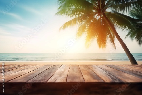 wood plank on a beach sunset