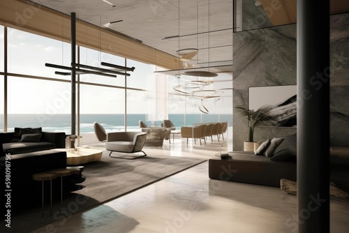 ultra modern beach house  interior design  glass  marble  beach  sea  double hight  luxury interior design  teak wood. generative ai