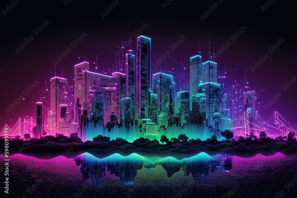 Futuristic neon light city building with skyline background. Flawless