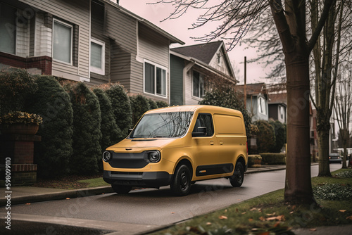 Electric Van Delivering on road. Driver of Electric cargo van delivers the parcel to the customer. Modern Delivery truck. Electric delivery van in New York City. Ai Generative illustration.