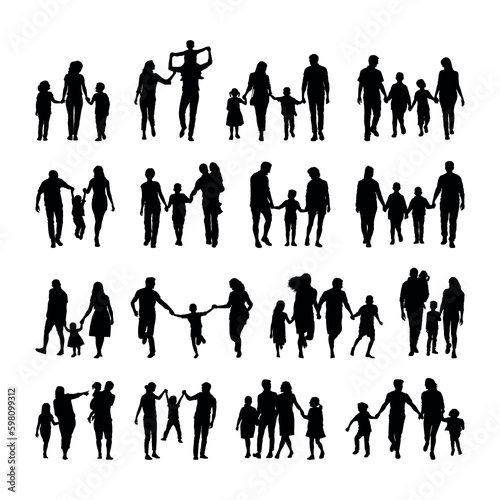 Family and kids walking and playing together having fun outdoors various poses on white background silhouette set.