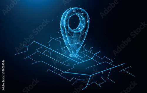 Polygonal vector illustration of city map and location pin. GPS navigation system concept.