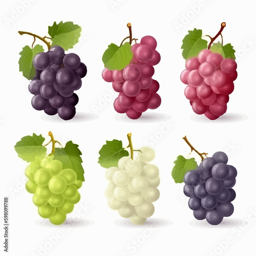 Vector grapes with green leaves on white background