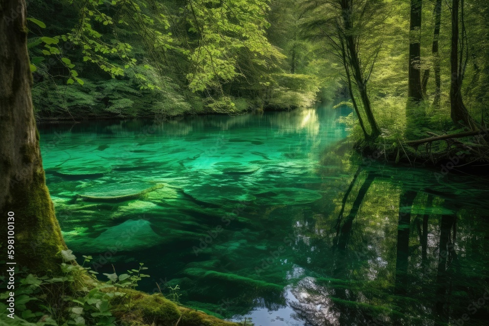 Crystal-clear lake at the heart of a lush, verdant forest was said to be a gateway to the realm of the fae. Generative AI