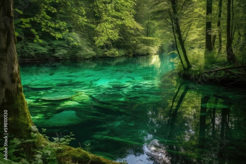 Crystal-clear lake at the heart of a lush, verdant forest was said to be a gateway to the realm of the fae. Generative AI © Kanisorn
