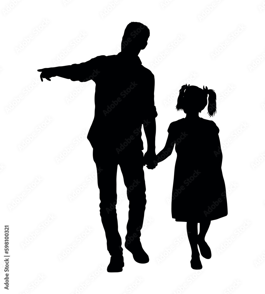 Father holding his daughter's hand while walking together silhouette.