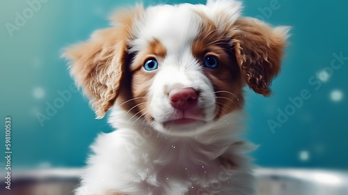 Cute puppy dog in bathtub , pets cleaning , Generative Ai