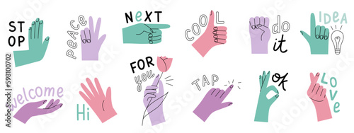 Funny bright stickers hand gestures with text. Vector design set in a cute flat style