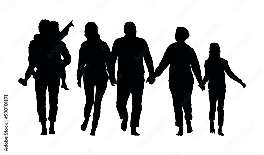 Large family walking together barefoot outdoor vector silhouette.