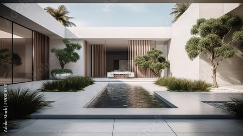 A sleek and simple exterior with a minimalist water fountain and elegant planters. AI generated © ArtStage