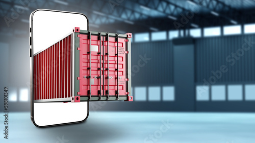Cargo container. Red container in smartphone screen. Concept application for logistics company. Tare for cargo transportation. Cargo container in front of blurred hangar. Logistic collage. 3d image