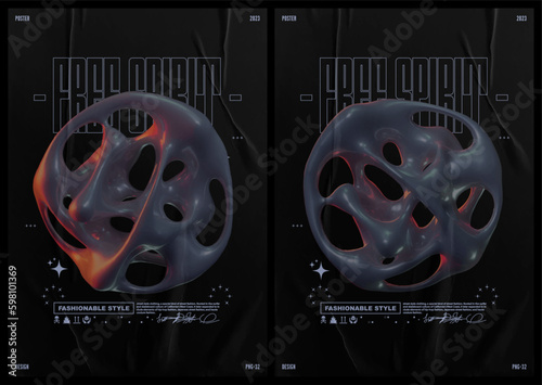 Techno poster 3D Abstract liquid shape. Abstract print for streetwear, print for t-shirts and sweatshirts on a black background