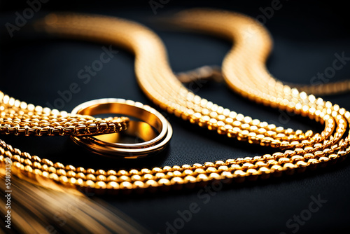 Gold bracelet, necklace and ring on black surface