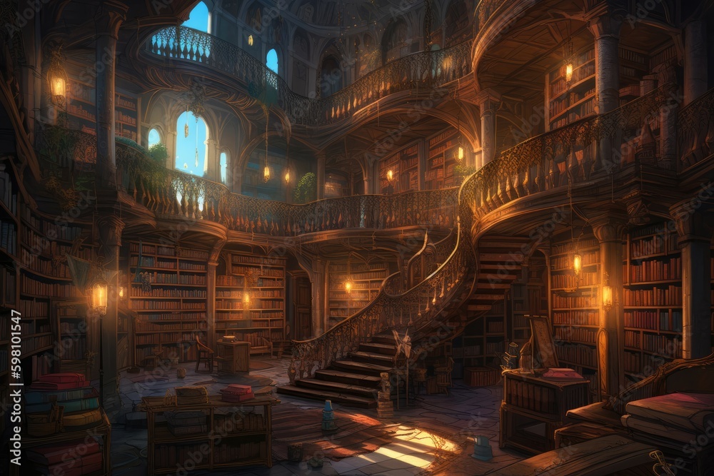 Grand library filled with tomes of arcane knowledge stood at the center of a bustling city of magic. Generative AI